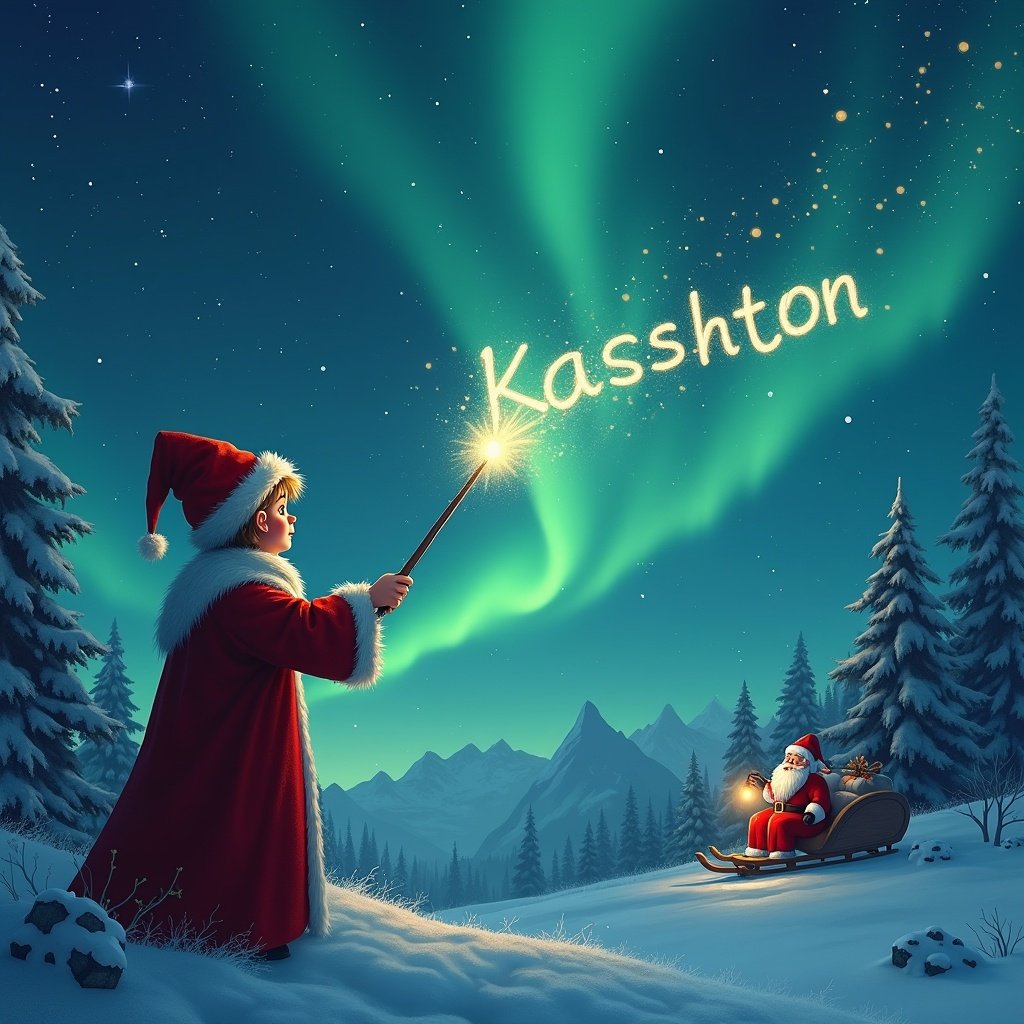 Elf writing names with wand in magical sky. Northern lights illuminate background. Santa sits on sled. Names are 'Karson' and 'Kashton'.