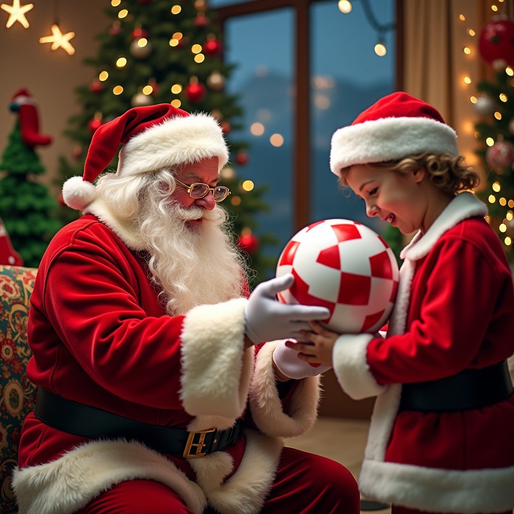 Santa Claus enjoys a playful moment with a child in festive attire. They share an Amiga Boing Ball covered in white and red checkers. The background features Christmas trees and twinkling lights. The environment blends various holiday themes for a humorous and joyful scene.