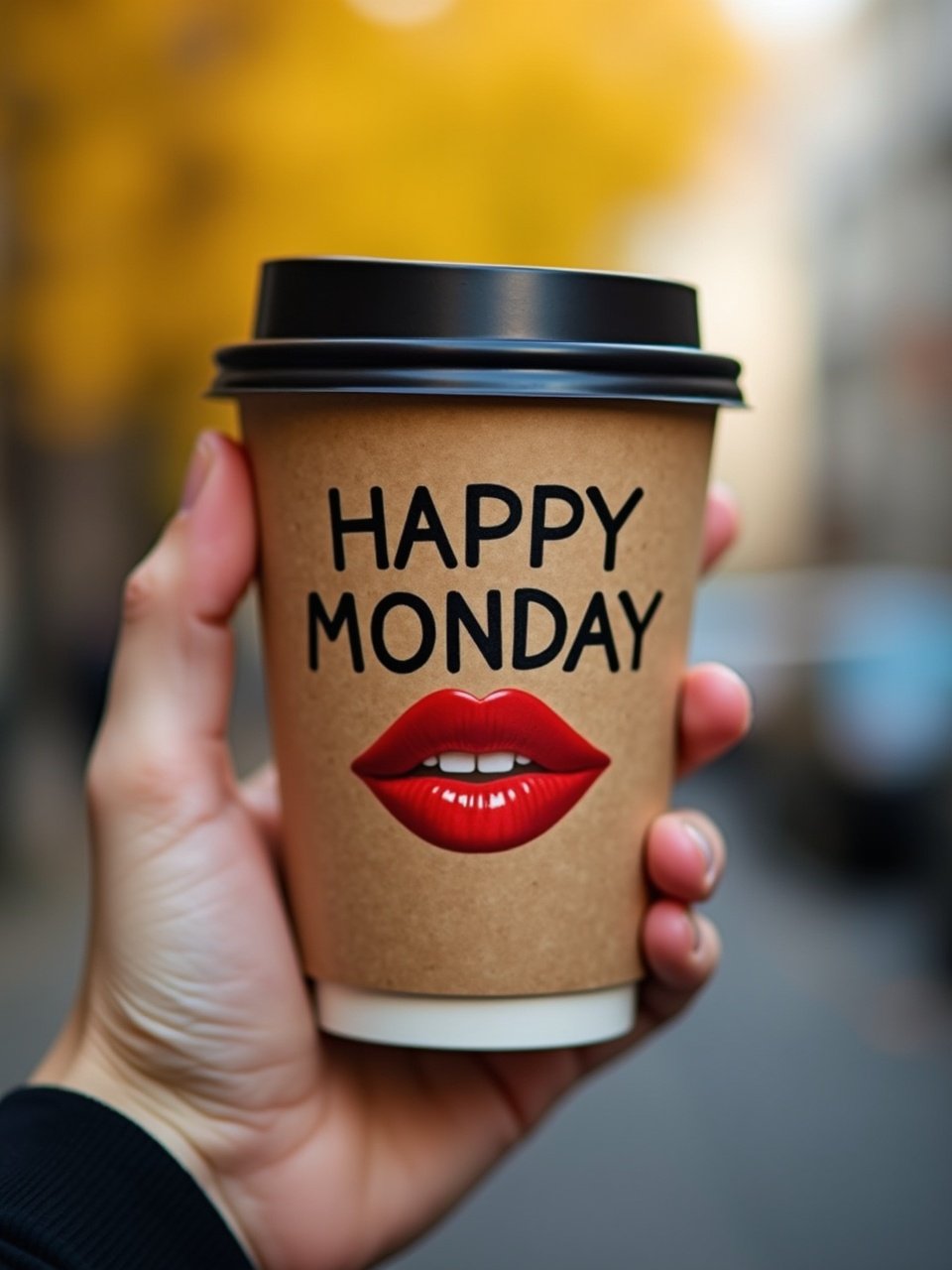 Detailed photography of hand holding brown disposable coffee cup with lid. Cup displays text HAPPY MONDAY and real red woman's lips. Background is blurred with warm yellowish tones suggesting outdoor street setting. Image conveys positive message to start the week. Relevant for coffee and lifestyle themes.