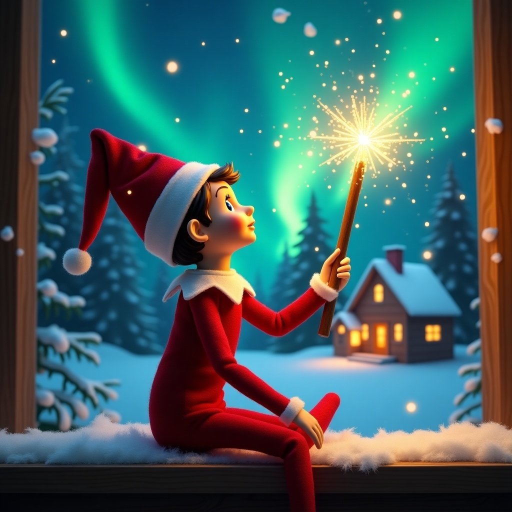 Elf sits on a window ledge gazing at colorful northern lights. Elf holds a glowing wand. Cozy house visible in the background. Snow blankets the ground. Names appear from the wand. A scene of Christmas magic.