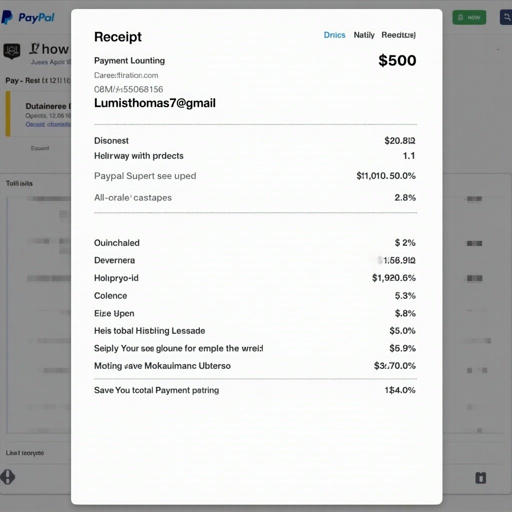 Receipt displays payment details for a transaction. Total amount of $500 made to Lumisthomas7@gmail. Other financial information is included such as itemized charges and totals. PayPal identified as payment method. Transaction involves various services and costs.