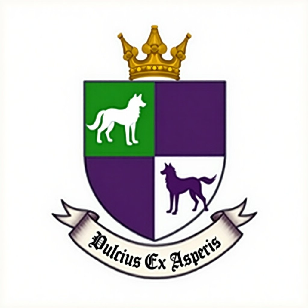 Coat of arms design featuring a shield with heraldic elements. Shield is quartered with green and purple sections. Upper left has a white wolf; lower right has a purple wolf. Gold coronet above the shield symbolizes nobility. Ribbon below has the motto Dulcius Ex Asperis. Emphasizes traditional heraldic art with a modern twist.