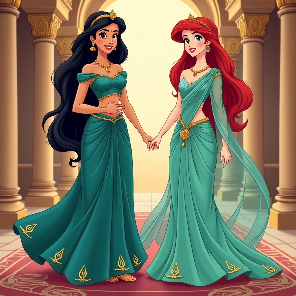 Princess Jasmine and Princess Ariel wear sarees. They are holding hands. Full body view in a beautifully decorated interior. The image features traditional outfits and vibrant colors.