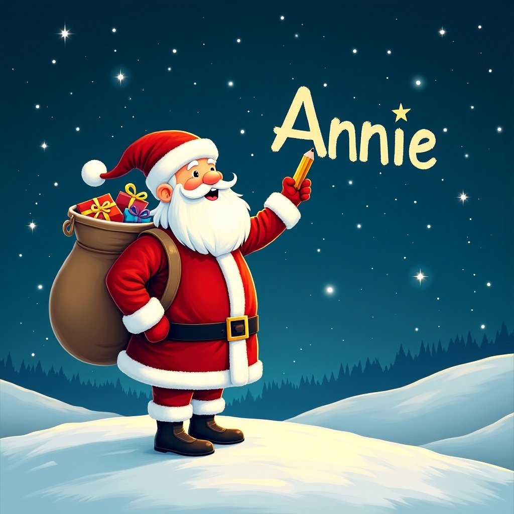 Santa Claus stands on snowy hill under starry night. He writes names in the sky with a pencil. Dressed in red and white. A large sack of gifts on his back. The name 'Annie' is displayed in a whimsical font.