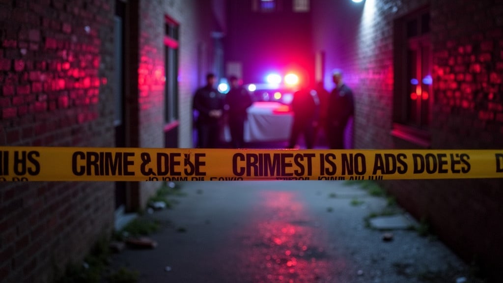 Crime scene tape in an alley with police officers gathered around a body covered by a white sheet. Police lights are flashing in the background.