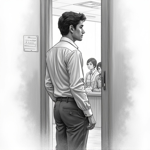 Detailed pencil sketch of a mid-20s Indian male named Nani standing at a classroom doorway. His salt-and-pepper hair is neatly combed back and displays a stern gaze. He stands upright with arms relaxed by his side observing students inside the classroom. The composition is framed with Nani at the left edge and other students blurred in the background. The lighting is chiaroscuro, enhancing the depth of the image. The sketch features smooth shading with sharp detail in Nani's attire. The artwork is monochrome and ultra-high resolution.