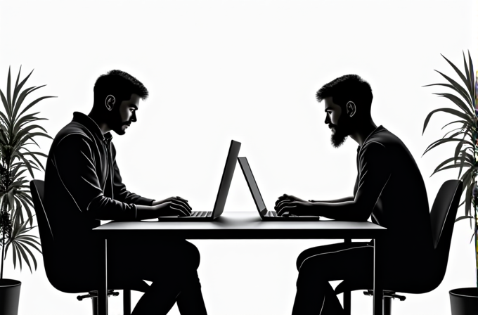 Two men sit across from each other at a table, silhouettes cast against a stark background, working intently on laptops, flanked by tall plants.