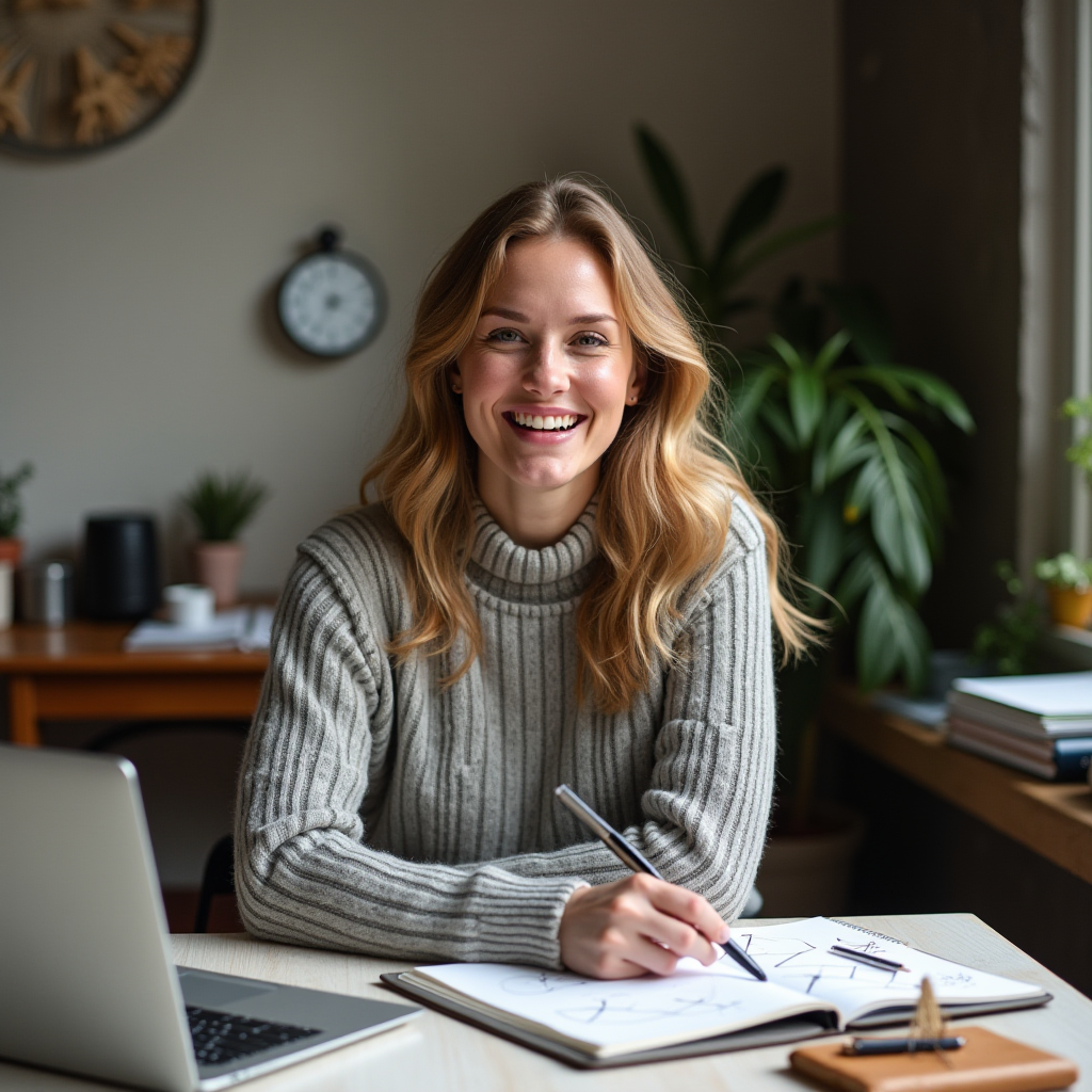 A woman in a cozy sweater, smiling and writing in a notebook at a desk with a laptop, surrounded by plants and natural light.