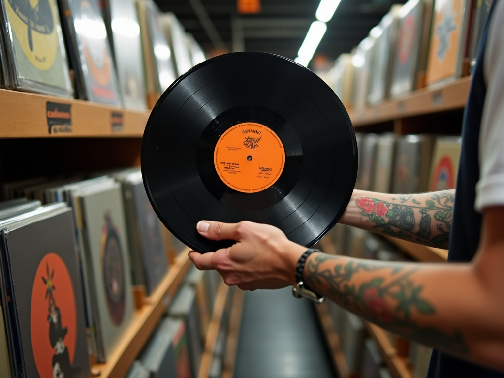 A tattooed individual holds a black vinyl record with an orange label in a record store aisle.