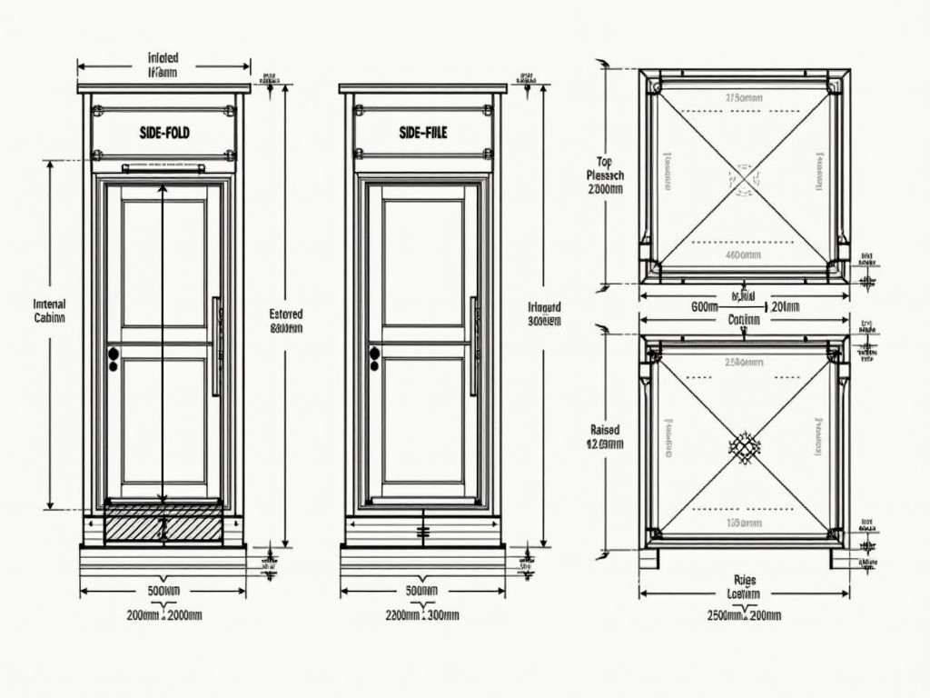 This image is a technical drawing of the Terror Elevator ride. It includes detailed front, side, and top views with accurate dimensions. The front view features a centered bi-fold door at a height of 2100mm. The side view illustrates a ramp leading to a raised floor that is 500mm above the ground. The top view shows a cabin that measures 3000mm x 3000mm within a 3500mm outer cube, highlighting the door location and wall positioning. Dimensions are clearly marked for reference, ensuring thorough understanding of the structure.