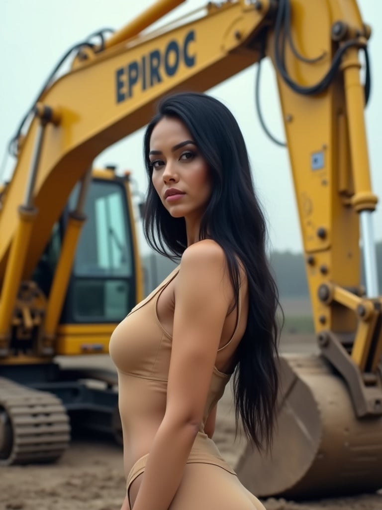 Striking woman with long black hair poses confidently. She stands in front of a yellow excavator labeled EPIROC. The excavator has a hydraulic hammer attached. The model wears a form-fitting beige outfit. The background is hazy, resembling a construction site. Soft lighting improves aesthetic appeal.