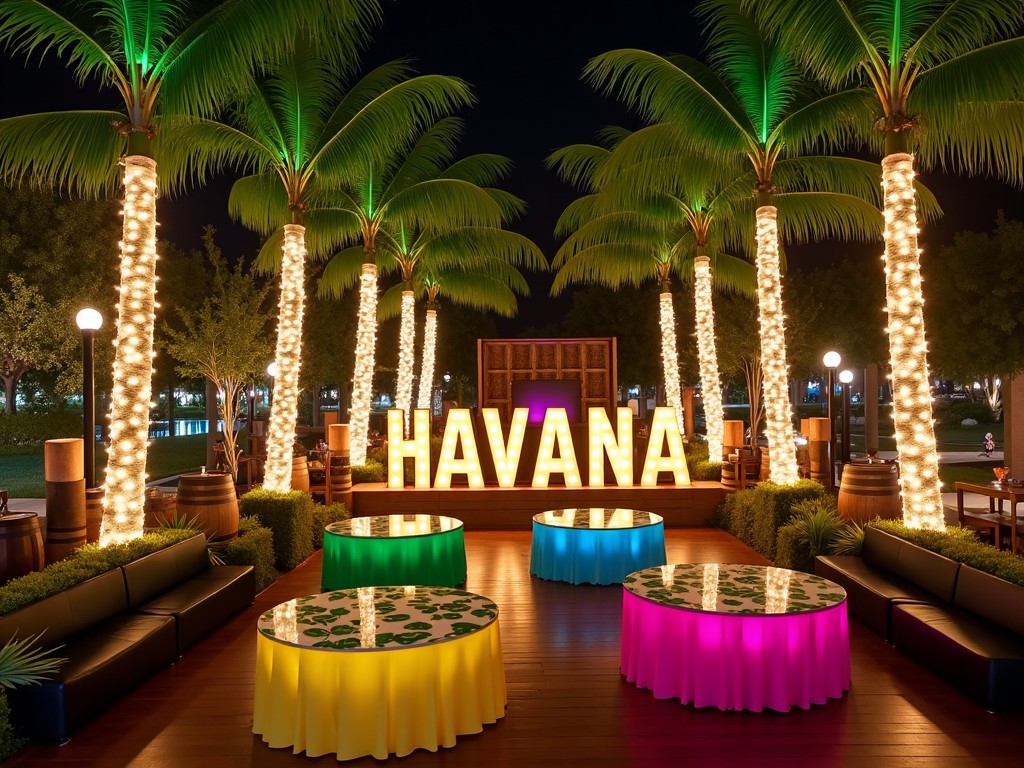 A vibrant event setup in the evening featuring 10ft artificial palm trees adorned with twinkling lights. In the center, there are cocktail tables with colorful linens: green, fuchsia, and yellow. The tables are decorated with leaf-printed linens, adding a tropical touch to the atmosphere. The backdrop boasts large light-up letters spelling 'HAVANA', creating a perfect focal point for the event. Around the area, whiskey barrels provide rustic charm, alongside light-up furniture and comfortable black leather seating for guests.