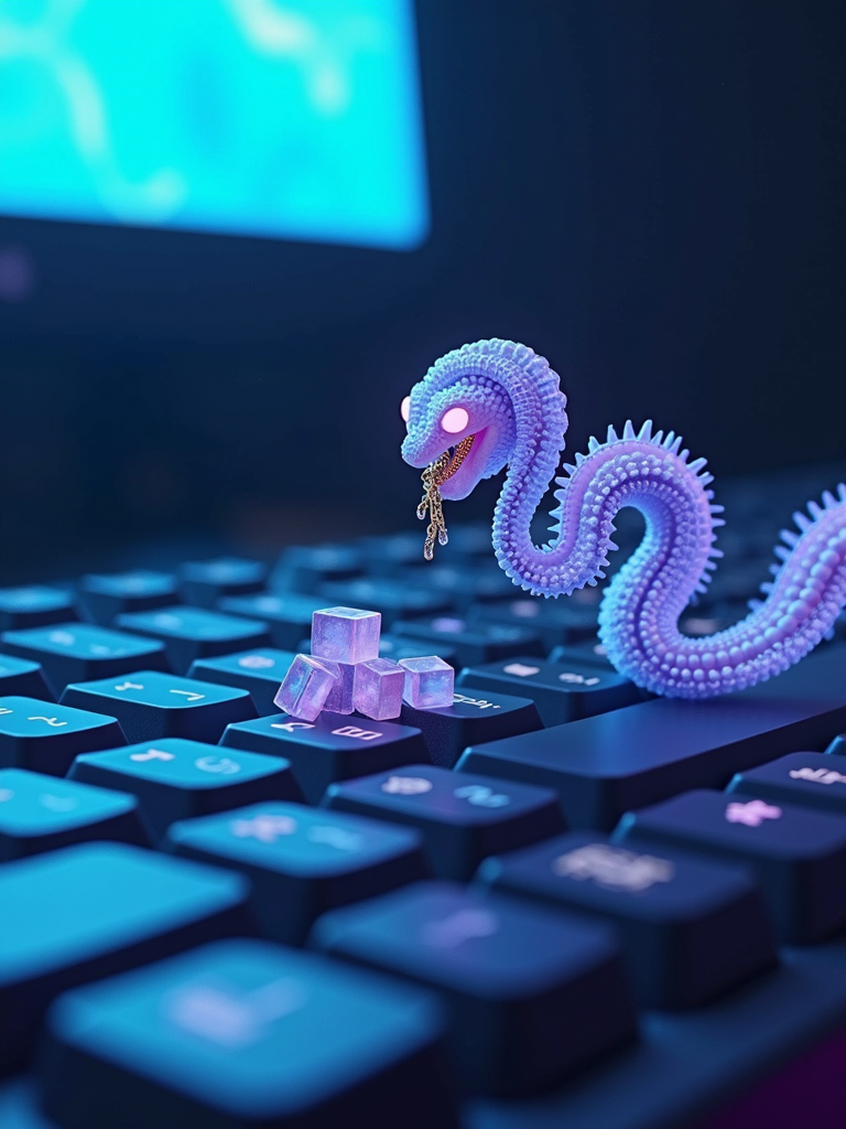 A luminous digital snake slithers over a keyboard with floating glowing cubes.