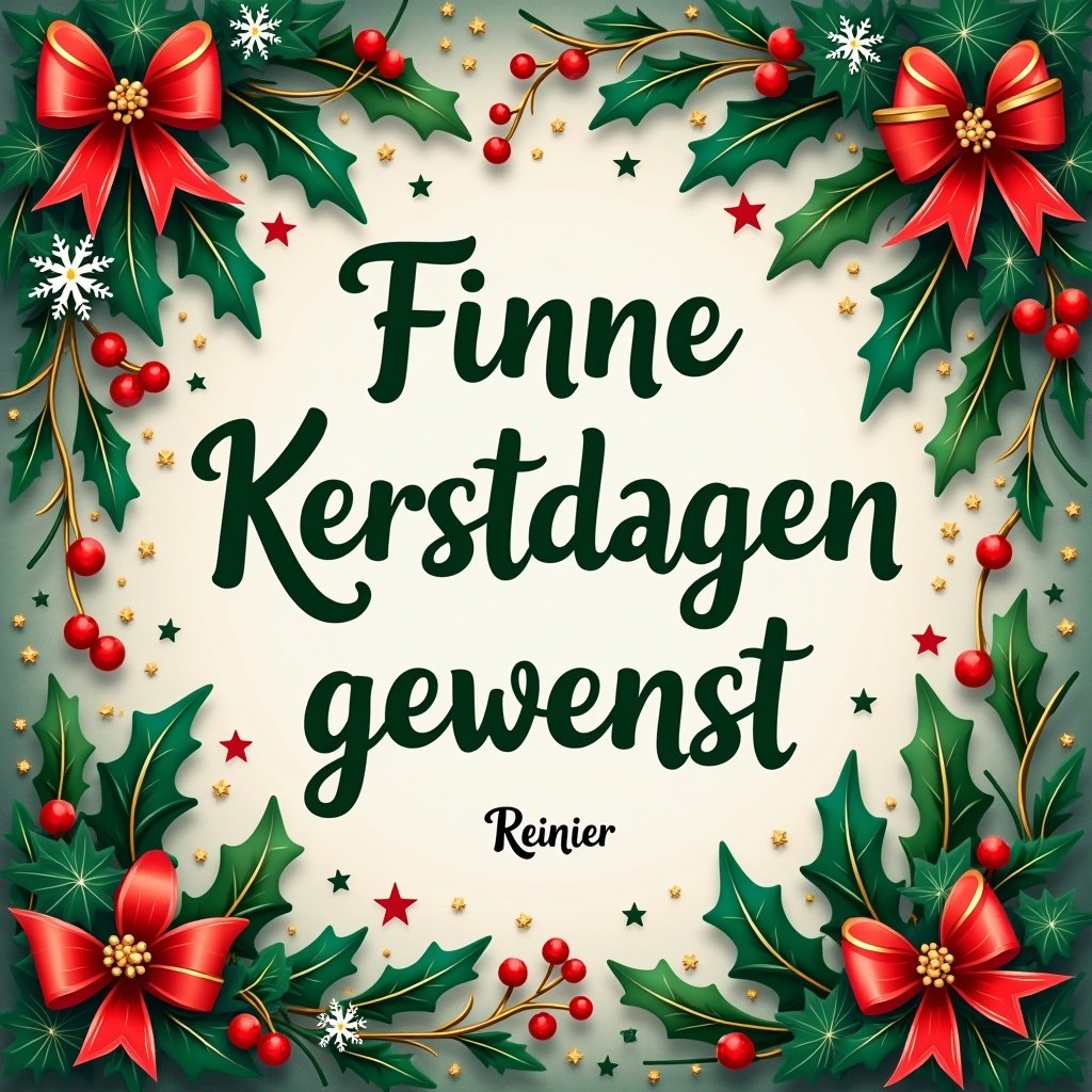 This image is a Christmas card designed to celebrate the holiday season. The card features the phrase 'Fijne Kerstdagen gewenst' meaning 'Merry Christmas' in Dutch. It is beautifully decorated with holly, ribbons, and festive elements creating a joyful atmosphere. The background includes Christmas trees and snowflakes. The design uses a color palette of green, red, and gold to enhance the holiday theme.