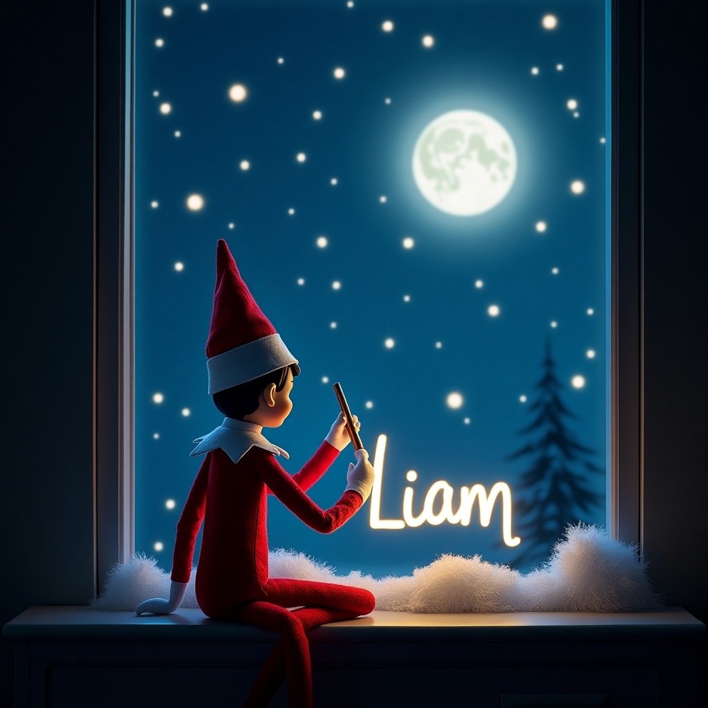 The image features an Elf on the Shelf sitting by a window on a snowy night. The elf is dressed in a classic red outfit with a pointed hat. Outside the window, a large, glowing moon illuminates the starry sky. The elf is holding a wand, writing the name 'Liam' in bright, twinkling letters against the night sky. The scene conveys a magical and warm atmosphere, perfect for the holiday season.