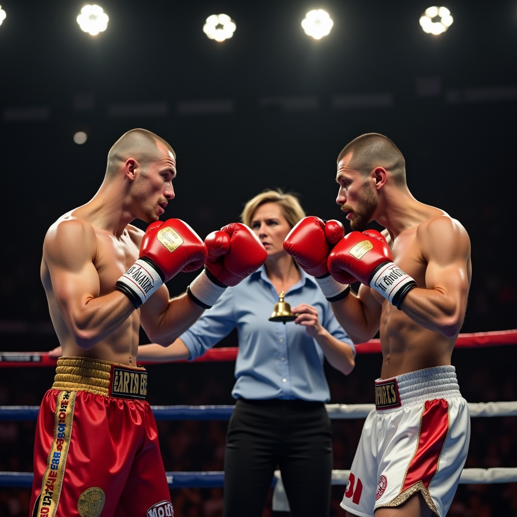 Two boxers are engaged in a competitive match. One boxer throws a jab while the other counterthrusts. The first boxer slips the jab and pivots. One boxer appears thin while the other shows muscularity. A lady referee rings the bell to start the fight.