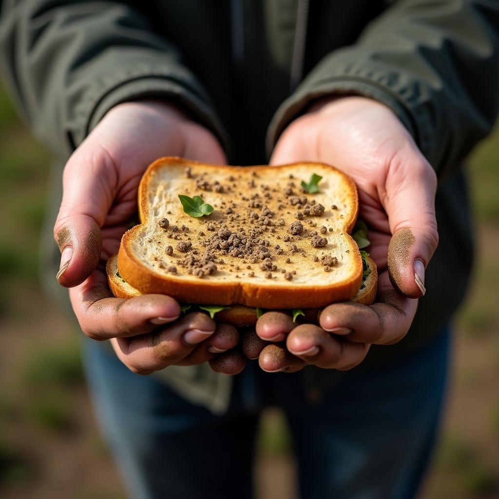 The image features a pair of hands holding a sandwich that appears to be covered in dirt. The sandwich is held out as if to showcase its unique appearance. The background is soft and natural, suggesting an outdoor setting. The hands look slightly dirty, indicating a natural or rustic theme. This could imply a connection between the food and the earth, possibly promoting organic practices.