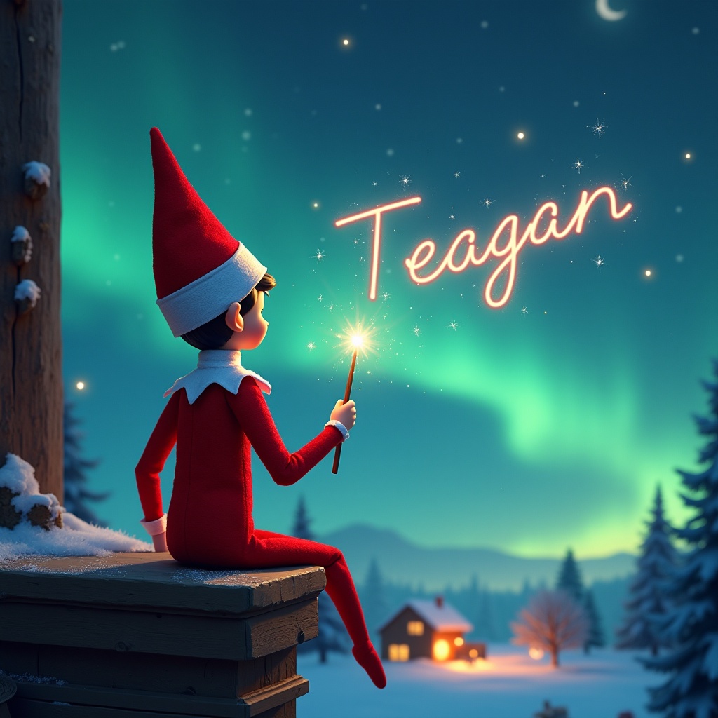 An enchanting Christmas scene featuring an elf on the shelf with his back to the viewer. He is positioned on a snowy ledge, facing the mesmerizing northern lights illuminating the night sky. In his hands, he holds a wand, magically writing the name 'Teagan' among the stars. The background showcases a cozy cabin with smoke drifting from its chimney, completing the festive atmosphere. Snow-covered trees frame the scene, adding to the winter wonderland feel.