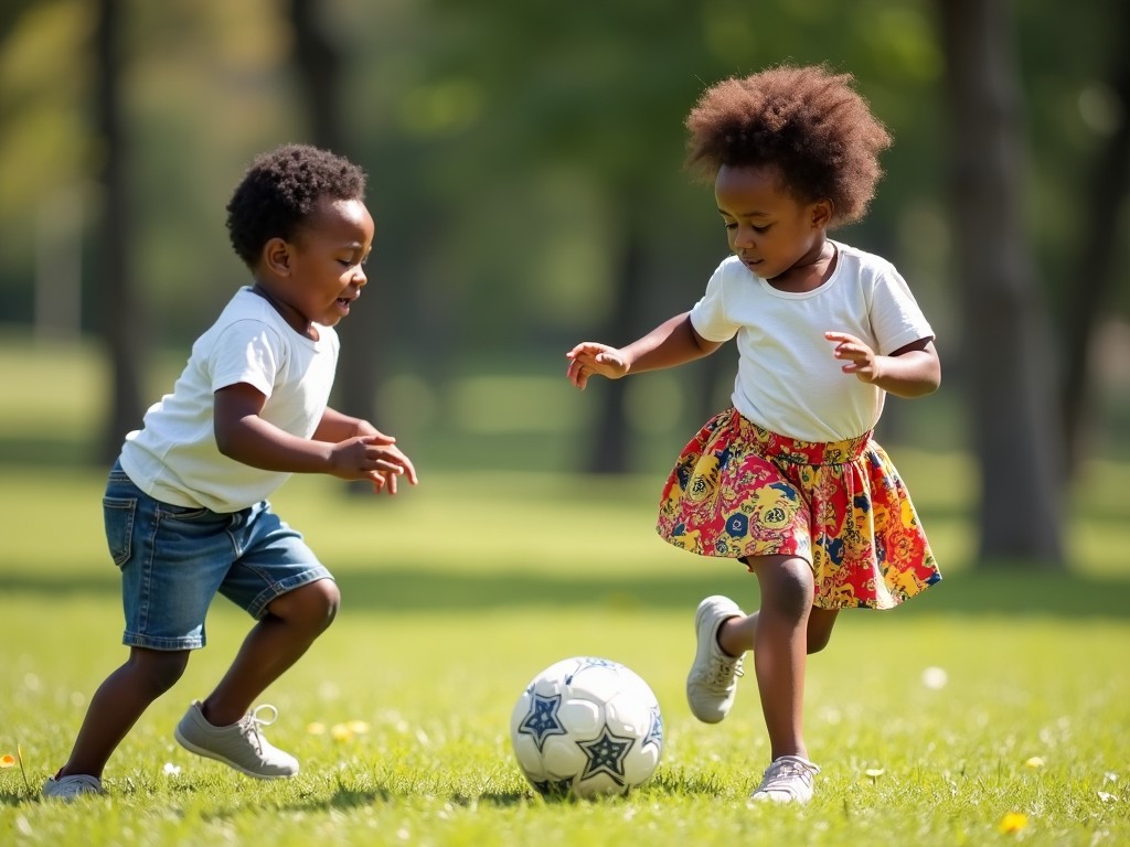 The image depicts two young children playing together in a sunny park. A boy in denim shorts runs towards a soccer ball. A girl in a colorful floral skirt skillfully controls the ball. The green grass and trees create a warm and inviting atmosphere. Both children are smiling and enjoying their playtime, exuding joy and energy. The scene captures a moment of playful innocence between friends.