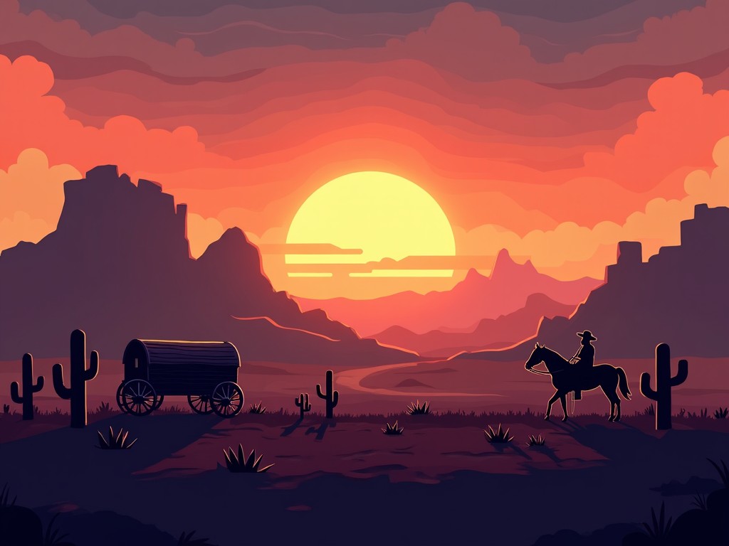 This image showcases a stunning sunset in a Wild West landscape, reminiscent of video game aesthetics. A lone cowboy rides along a path, silhouetted against the vibrant orange and purple sky. In the foreground, a rustic wagon and cacti add to the desert atmosphere. The scene captures the essence of adventure and nostalgia for classic Western tales. This digital artwork evokes feelings of freedom and exploration in a serene yet dramatic setting.