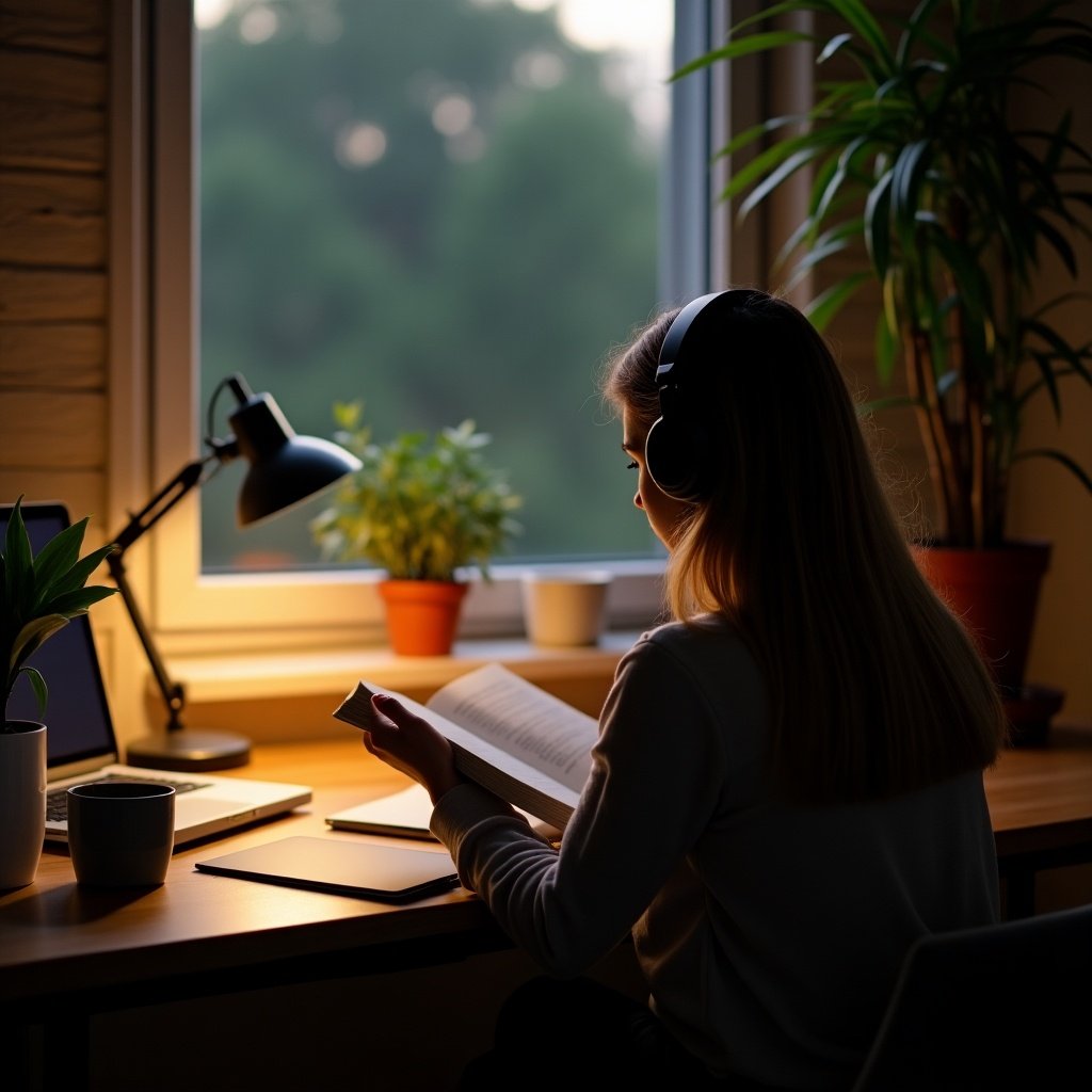 A woman wears headphones while reading a book at a desk. Nearby is a laptop. Soft light from the desk lamp creates a warm glow. Potted plants enhance the setting. The back view of the woman shows concentration. The space looks inviting and peaceful, ideal for studying or working late.