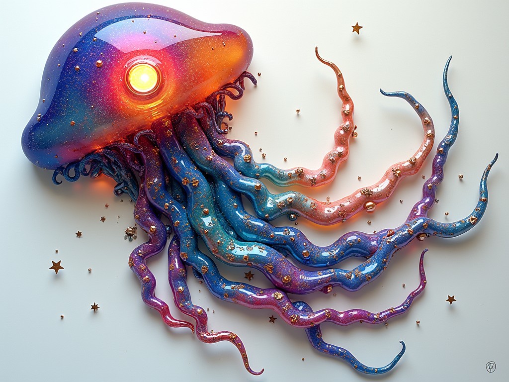 This vivid illustration features a fantastical jellyfish against a white background. The jellyfish has a translucent, glowing bell in shades of pink, purple, and blue, with tentacles in matching hues curling and twisting dramatically. Tiny star-like objects float around it, adding to its cosmic theme and creating an ethereal, dream-like atmosphere.