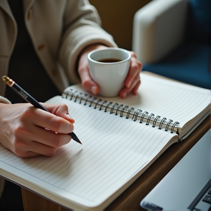 A person holds a cup of coffee while writing in a notebook.