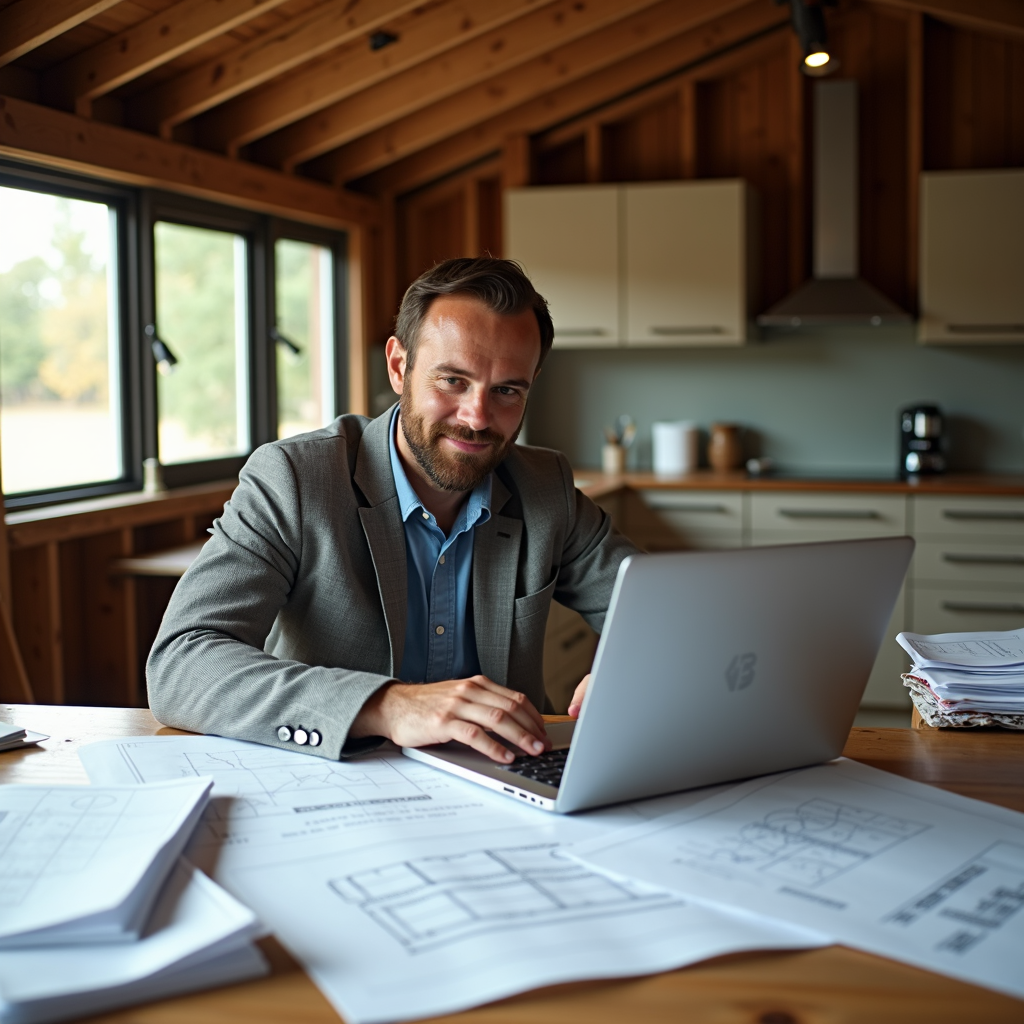 A man in a grey suit working on a laptop surrounded by architectural blueprints in a wooden office setting.