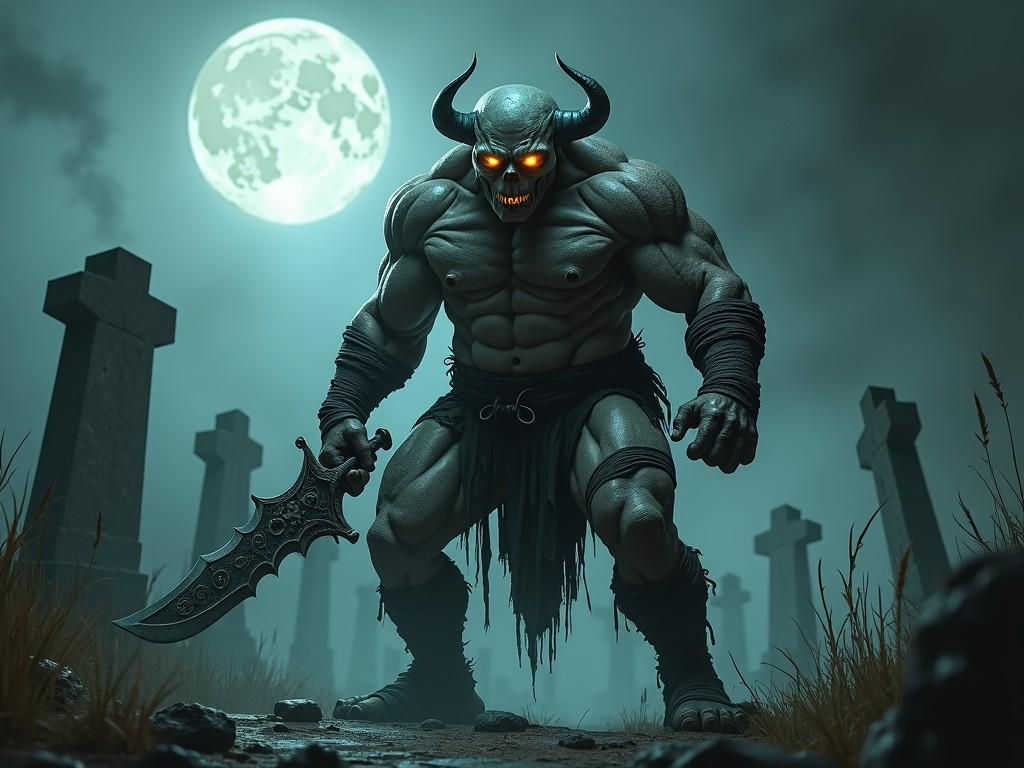 A powerful demon with glowing eyes stands menacingly in a graveyard, under the ominous glow of a full moon. Its muscular build and large, curved horns add to its fearsome appearance, as it wields a menacing sword. Tombstones surround the creature, emphasizing the eerie atmosphere.