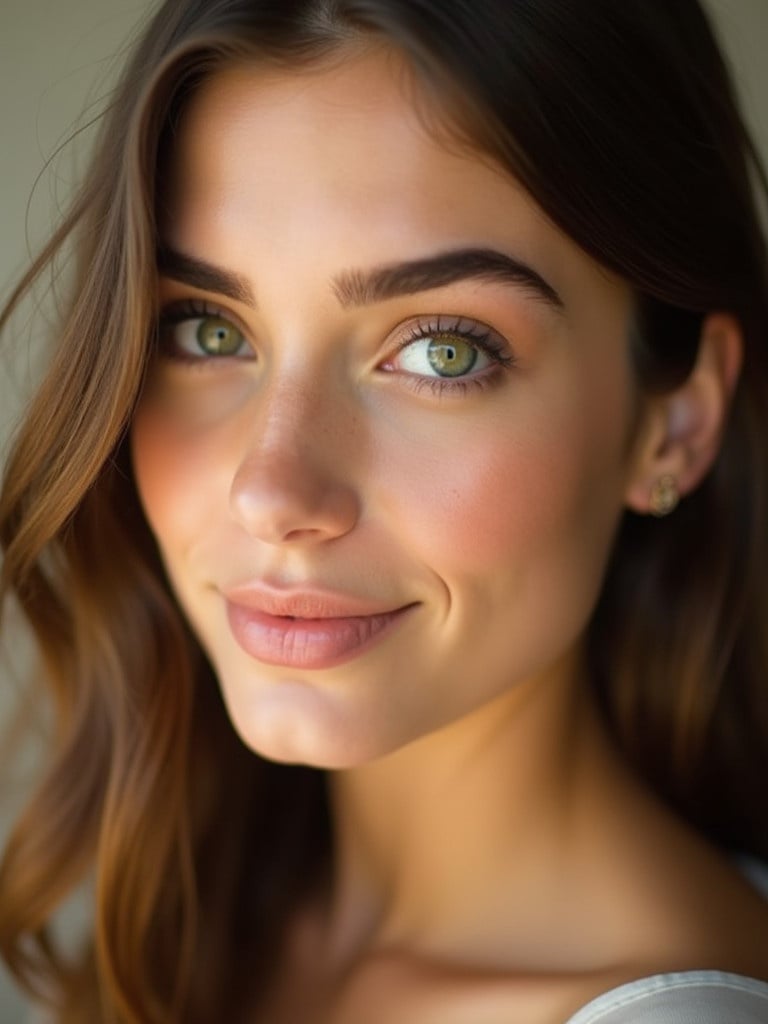 Close-up portrait of a young woman. She has striking green eyes. Makeup is soft and natural. Warm lighting creates a serene atmosphere. The expression is inviting and showcases beauty. Background is blurred to emphasize features.