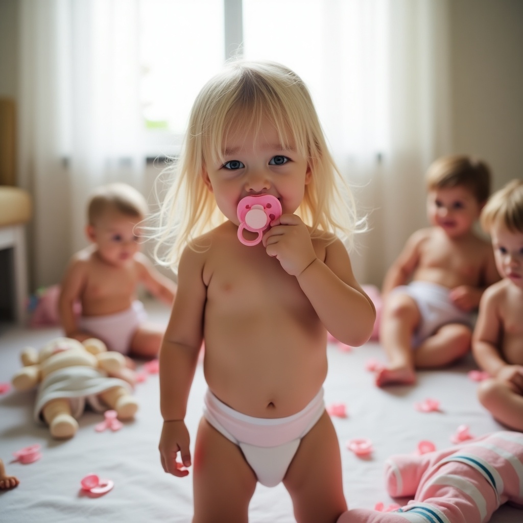 A cute toddler girl is standing in a playful setting. She is wearing a white and pink nappy and has a pink pacifier in her mouth. Her long, straight blonde hair frames her face as she smiles playfully. Around her, other toddlers are playing with dolls and scattered pacifiers. The room is bathed in soft, natural light from a nearby window. This scene beautifully captures the innocence and joy of early childhood.