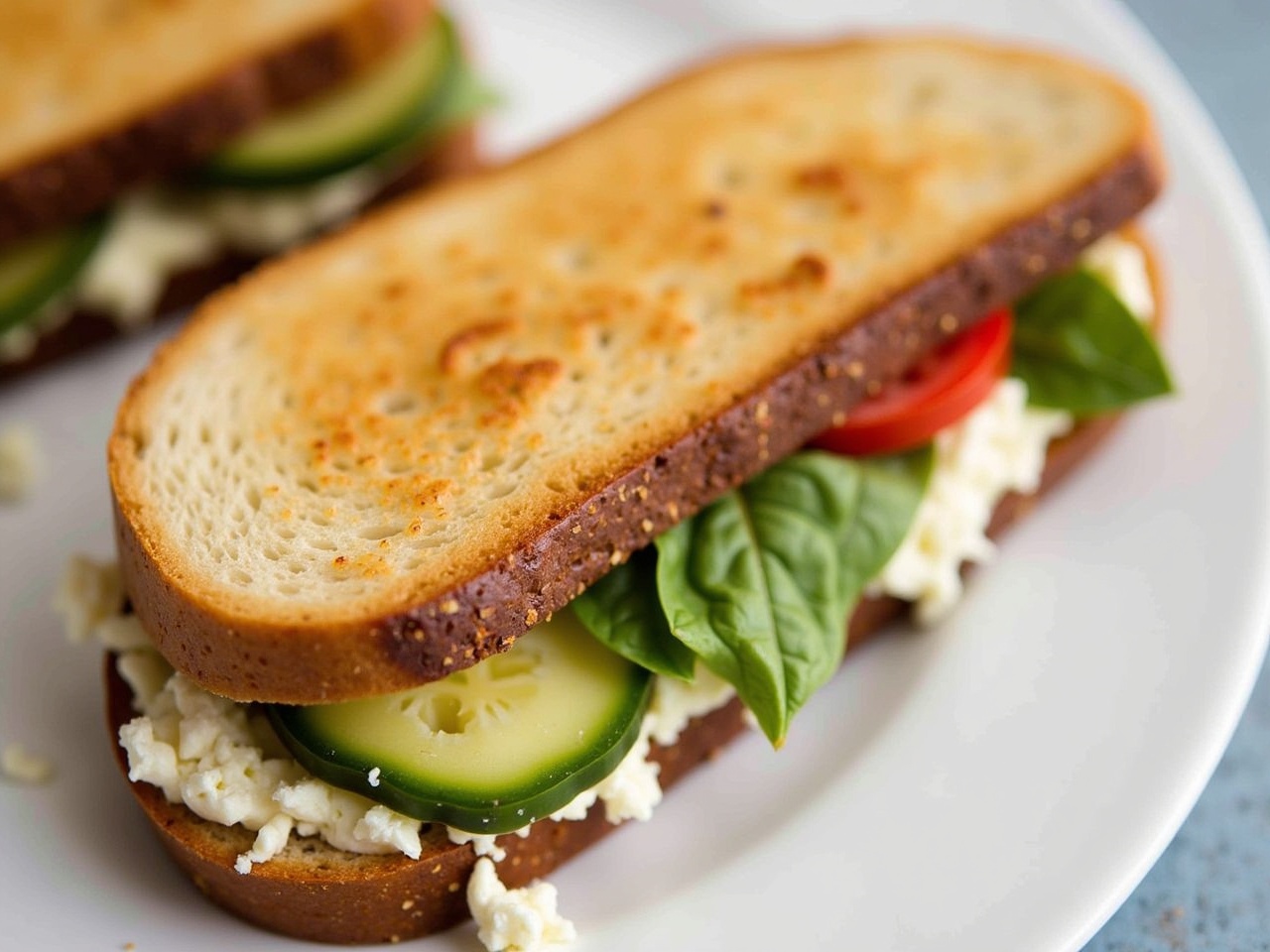 A delicious Greek feta and cheese toast sandwich is showcased, emphasizing its fresh ingredients. The sandwich features layers of creamy feta cheese, crisp cucumber, and vibrant tomato and basil leaves, all nestled between slices of toasted bread. The beautifully toasted exterior adds appetizing texture. It rests elegantly on a plate, inviting viewers to savor it. This sandwich represents a perfect quick meal for lunch or a delightful snack, ideal for those looking for healthy yet flavorful options.