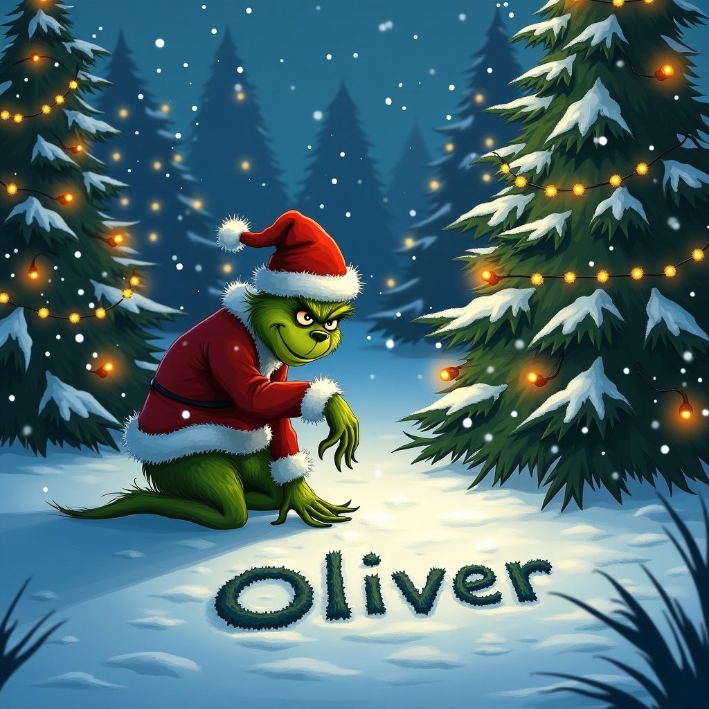 The Grinch is in the snow. Christmas trees with lights surround the scene. The Grinch writes Oliver in the snow.