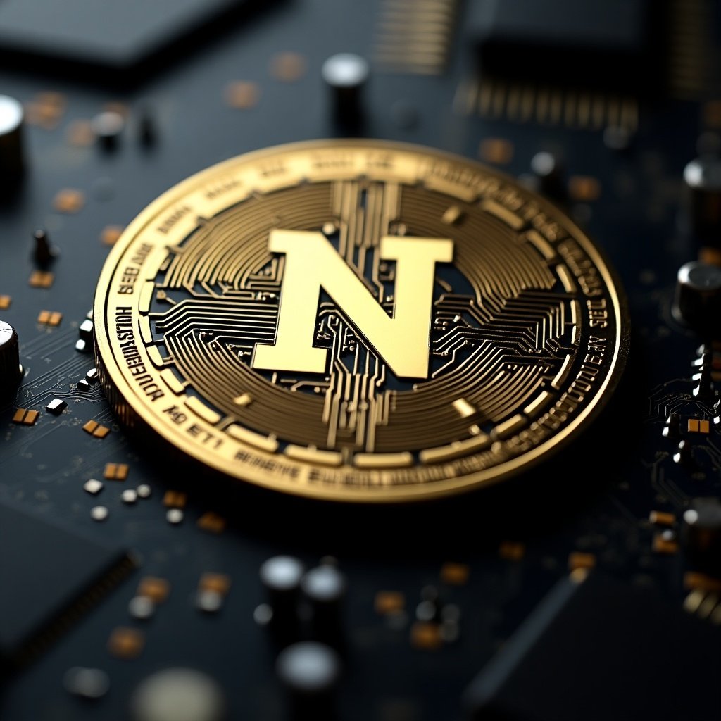 Close-up view of a digital coin on a black motherboard. Coin features a prominent 'N' in golden color. Background includes circuit elements to enhance the tech theme. Intricate designs with a modern aesthetic.