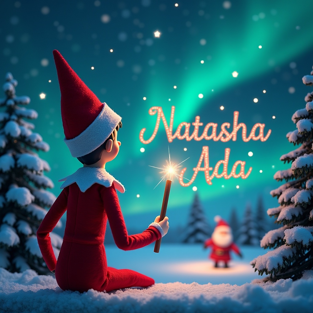 Image showcases an elf on the shelf with back to viewer. The elf faces a magical winter night sky while using a wand to write names in stars. Background features northern lights and snow-covered trees. Silhouette of Santa can be seen in the distance.