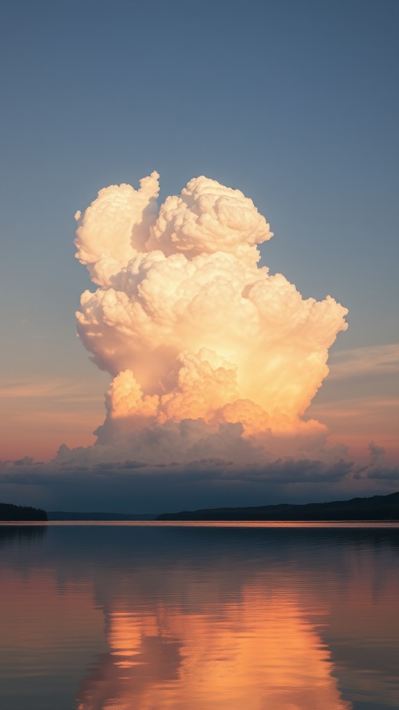 This image captures a stunning cumulus cloud towering over a serene lake at sunset. The cloud is vividly highlighted by the warm hues of the setting sun, reflecting beautifully on the calm waters below. The sky gradually transitions from deep blue to soft orange, complementing the peaceful scene.