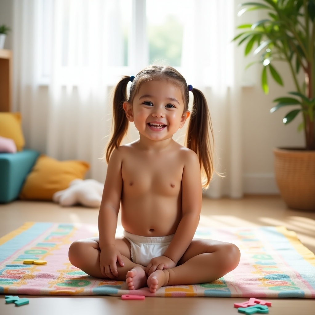 Image features cheerful young girl sitting cross-legged on colorful mat. She has long hair styled in playful pigtails. Wears clean, size-appropriate diaper. Bright and airy room with natural light from window. Playful and inviting atmosphere with soft toys and colorful letters scattered around. Scene captures essence of childhood joy.