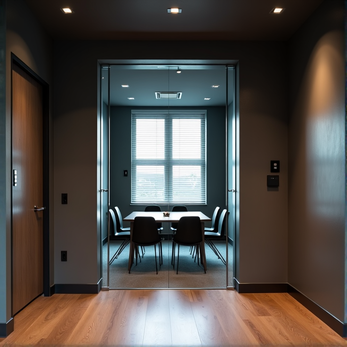 A modern conference room with a table and six chairs, featuring a large window and soft interior lighting.