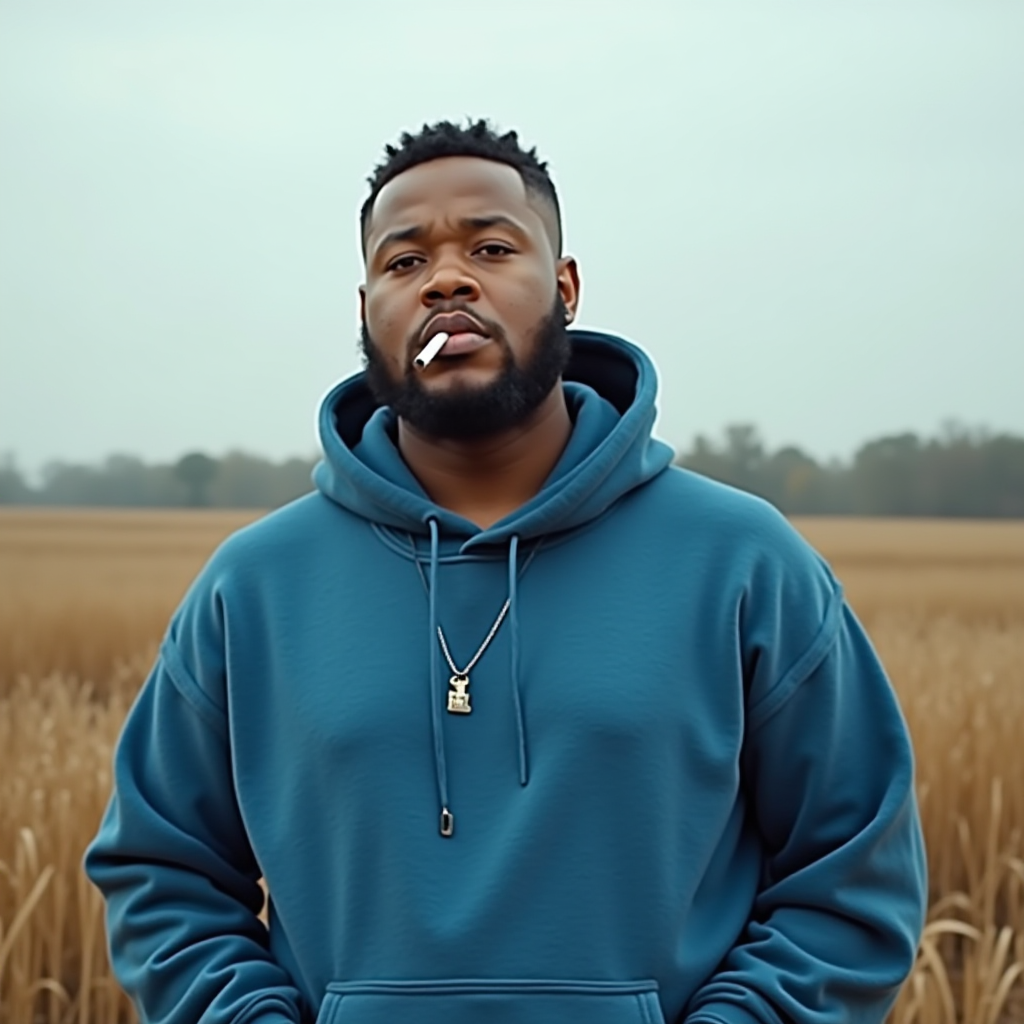 A man in a blue hoodie with a cigarette in his mouth stands in an expansive field, exuding a thoughtful demeanor against a backdrop of overcast sky and distant trees.