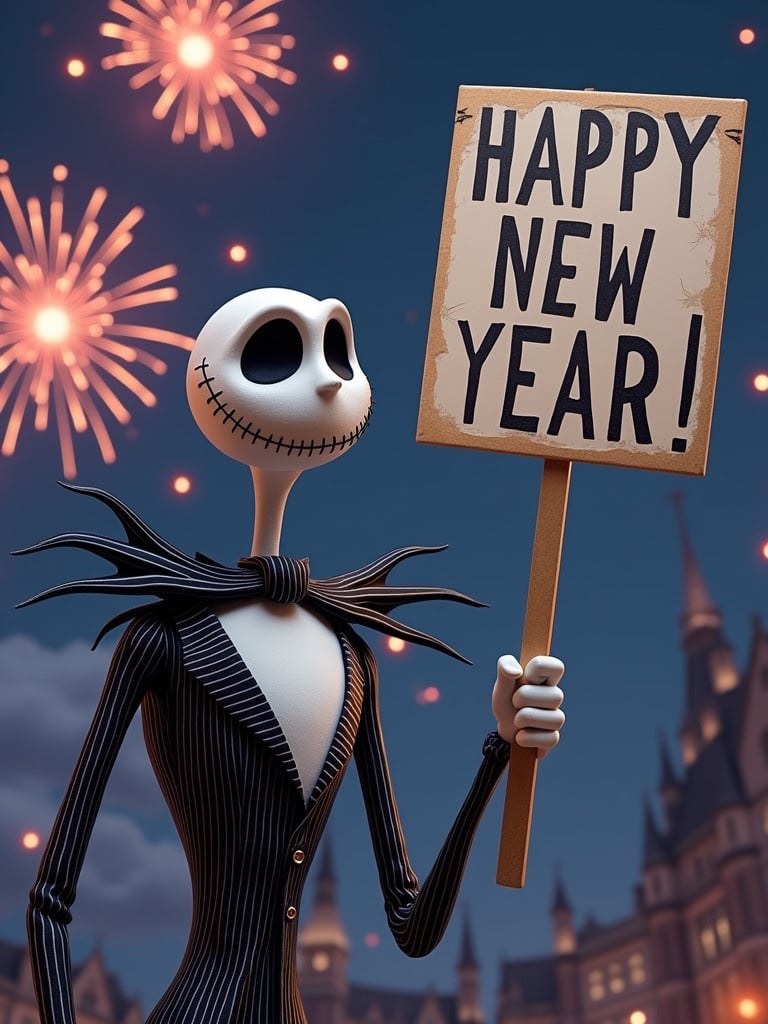 Jack Skellington character holds a sign that says Happy New Year. Fireworks light up the night sky in the background. The character has a skeleton appearance and wears a pinstripe suit.