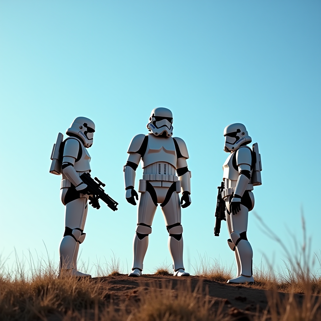 The image depicts three individuals wearing futuristic armor, standing on a small hill in a desert landscape. The armor is white and sleek, with black accents, resembling highly polished protective suits. They carry weaponry and have helmets with opaque visors, concealing their identities. The sky is a clear blue, suggesting daylight or early evening, adding to the stark contrast between the armor and the environment. The setting is barren, with patches of dry grass scattered across the sandy terrain, evoking a sense of solitude and vastness.