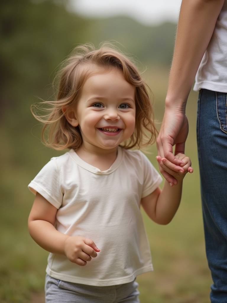 A child stands in a natural setting. The child holds an adult's hand. The background is a blurred landscape. The scene conveys warmth and safety.