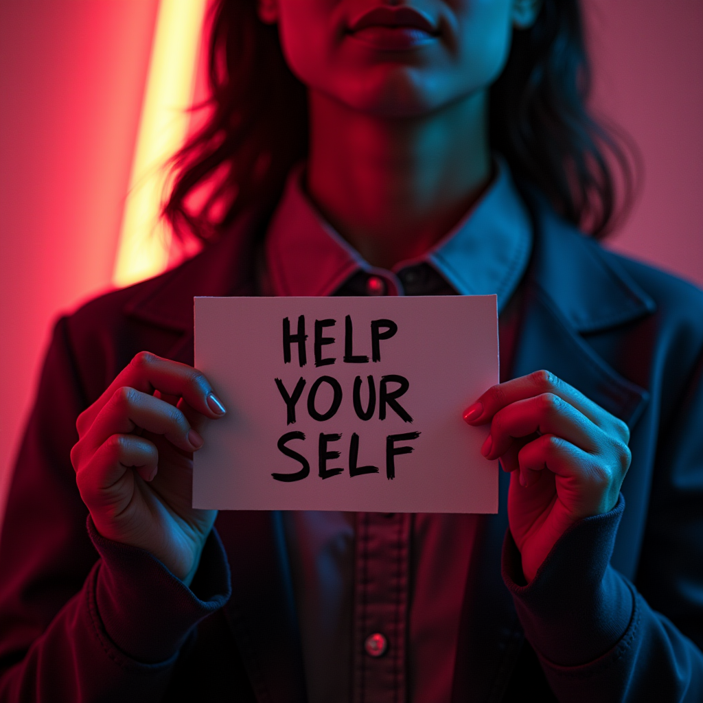 The image shows a person holding a card with the words "HELP YOUR SELF" written in bold, black letters. The scene is illuminated with a dramatic, colorful light, primarily featuring shades of red and blue. The lighting creates a moody atmosphere, contrasting sharply with the card, which is the focal point of the image. The individual is partially visible, with the focus being on their hands and the card. The background is blurred, adding to the emphasis on the message.