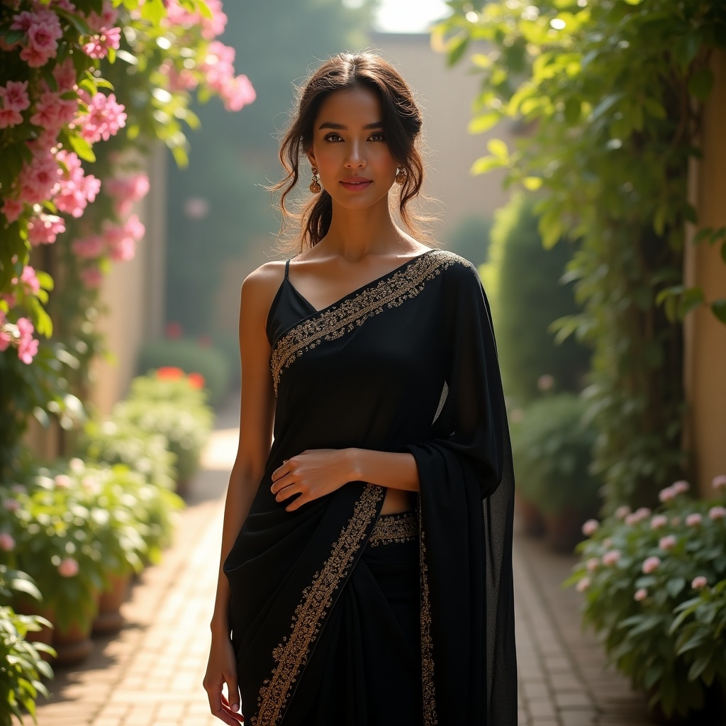 A stunning young woman is elegantly dressed in a black sari adorned with golden embellishments. She stands gracefully in a lush garden with vibrant flowers surrounding her. The soft, natural light creates a warm glow that accentuates her features. Her pose is relaxed yet confident, embodying the beauty of traditional Indian fashion. This image captures the essence of cultural elegance and beauty, perfect for fashion or lifestyle content.