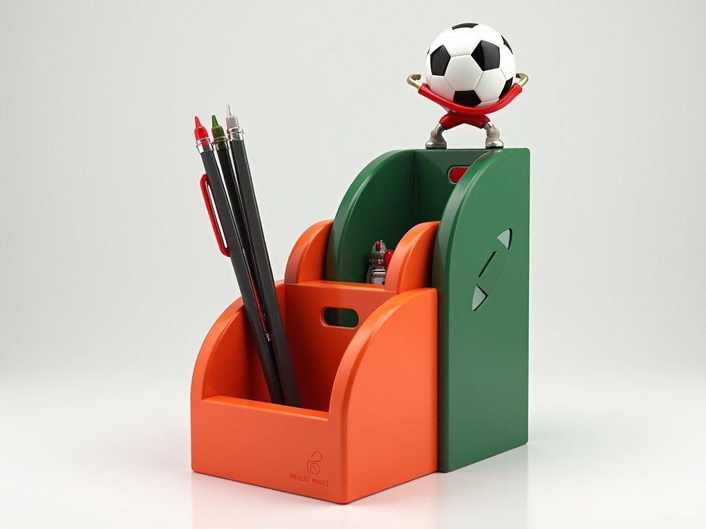 This image depicts a modern pen holder in bright colors. It features an orange and green design, balancing aesthetic appeal with functionality. Atop the holder is a playful soccer player figurine, adding a whimsical touch. The holder contains various pens and markers, showcasing its practical use. The background is minimalistic, emphasizing the item itself and creating a cheerful workspace atmosphere.