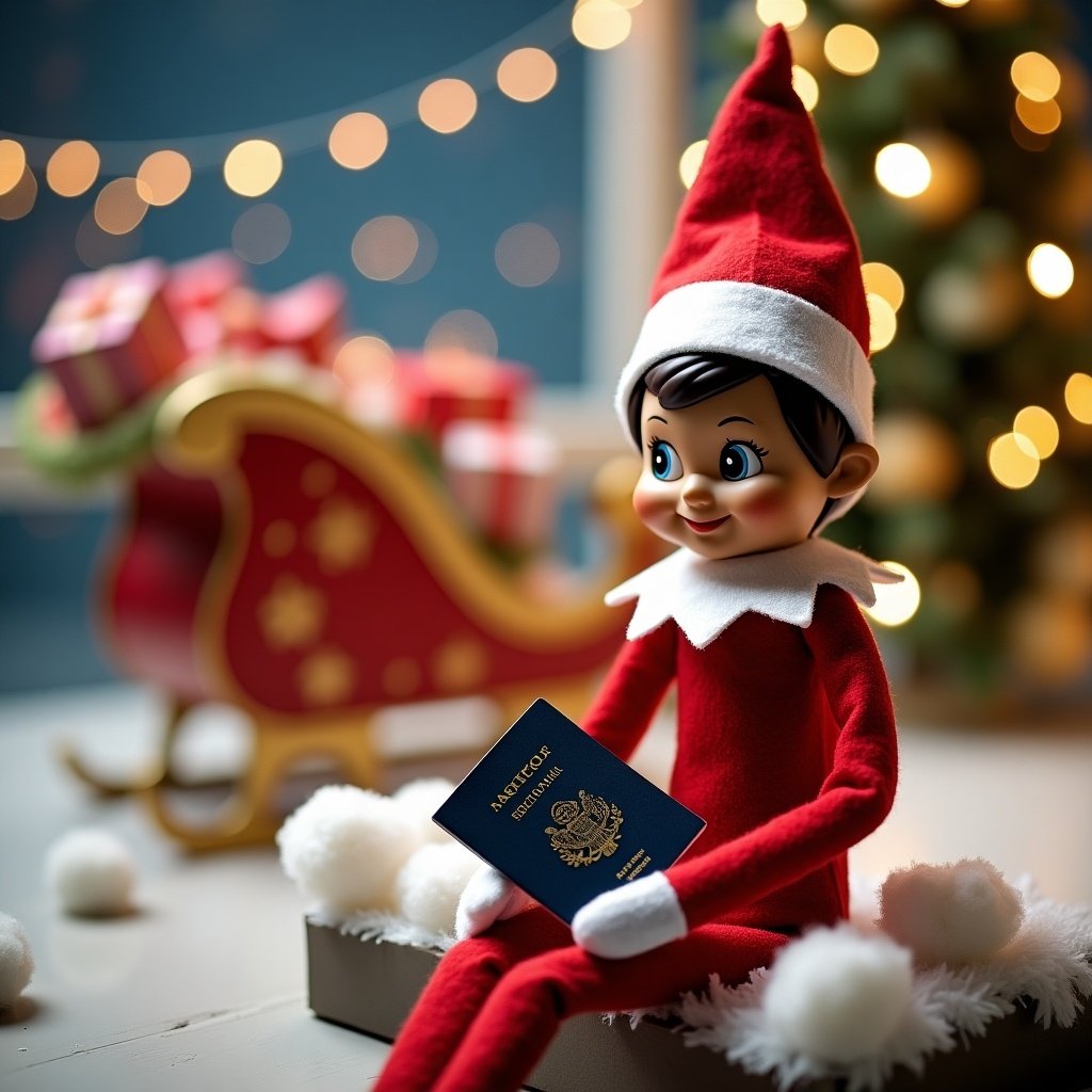 Elf on the Shelf with a medium skin tone holds a passport. Elf sits in a North Pole airport. Background features a decorated sleigh filled with presents. Cotton balls simulate snow. Warm and festive lighting enhances the holiday atmosphere.