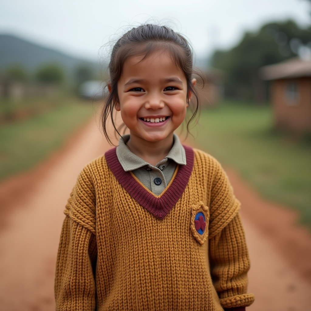 A smiling child wearing a sweater stands on a dirt path with soft-focus rural scenery in the background.