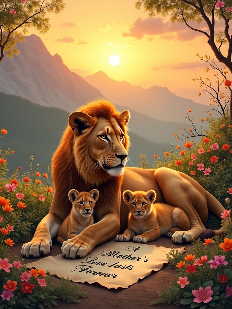 A lioness lays with her three cubs at sunset. Mountains rise in the background. A scroll on the ground displays the words A MOTHER'S LOVE LASTS FOREVER.