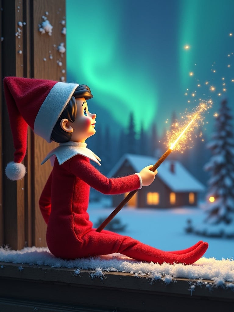 Elf character sits on a window ledge. Elf holds a glowing wand while gazing at northern lights. Charming Christmas scene features a cozy house in the distance and snow on the ground. Elf symbolizes Christmas magic and wonder. Name Carter appears in the air from the wand.