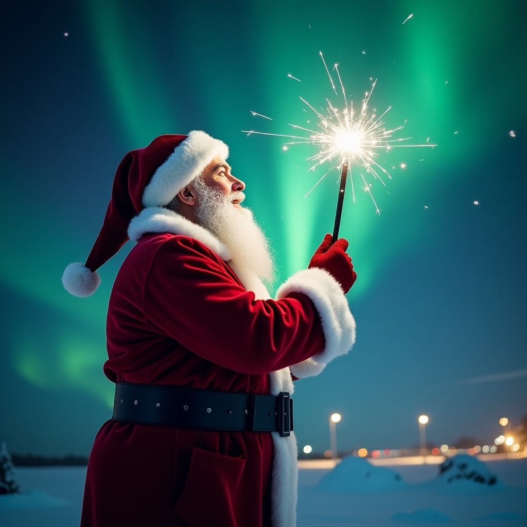 Santa Claus facing the sky. Holding a wand that sparkles. Northern lights creating a magical background. Snow-covered ground.